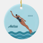 女の子泳ぐ人ブループールウォーター名スイミング セラミックオーナメント (裏面)