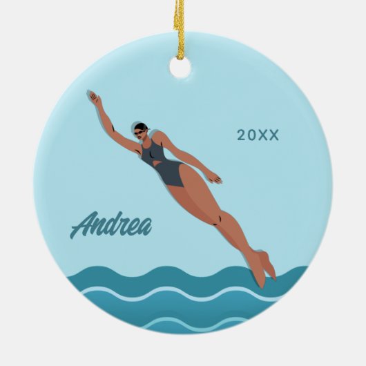 女の子泳ぐ人ブループールウォーター名スイミング セラミックオーナメント (裏面)