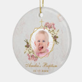 女の子洗礼フォトピンクランフローラ金ゴールド大理石 セラミックオーナメント (左)