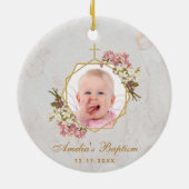 女の子洗礼フォトピンクランフローラ金ゴールド大理石 セラミックオーナメント (裏面)