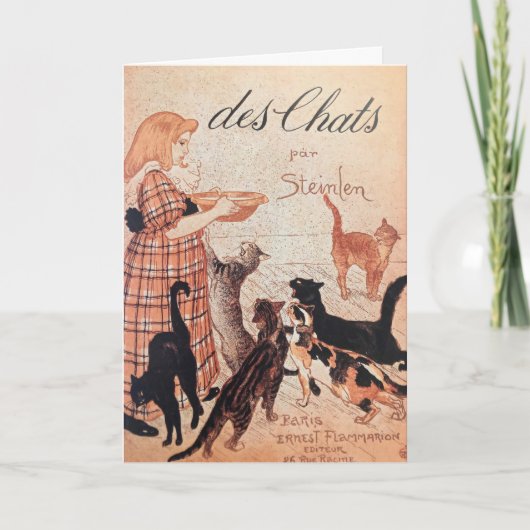女の子猫食べ物を与えのヴィンテージ・スタインレンポスター カード (正面)