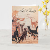 女の子猫食べ物を与えのヴィンテージ・スタインレンポスター カード (黄色い花)