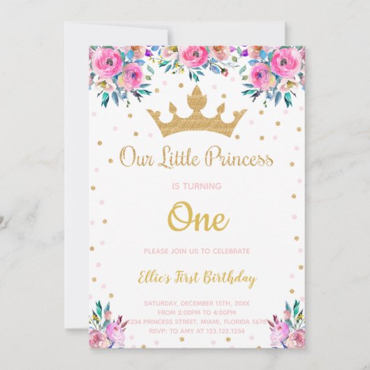 女の子王室のの編集可能パーティー 招待状 (正面)