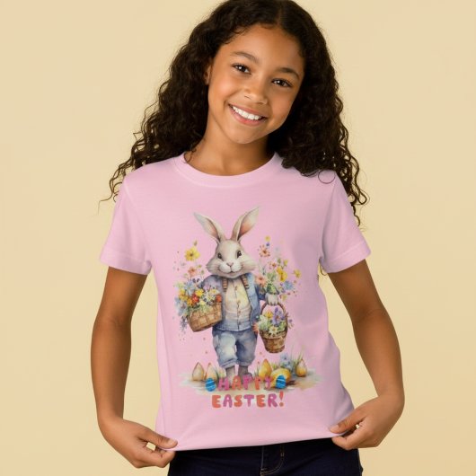 女の子用イースターウサギのカラフルなジャージーTシャツ Tシャツ