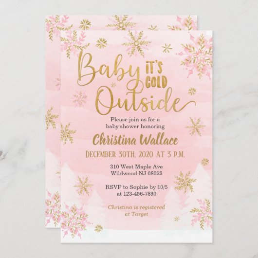 女の子用スノーフレークベビーシャワー招待状 招待状 (正面/裏面)