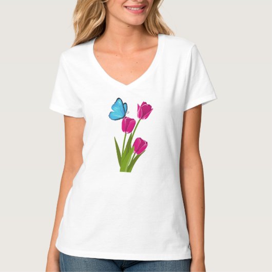 女の子用チューリップと蝶Tシャツ Tシャツ (正面)