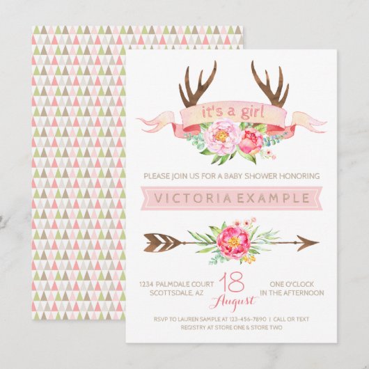 女の子用トライバル+アントラー+フラワー ベビーシャワー招待状 招待状 (正面/裏面)