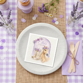 女の子用パープルの花柄の馬の誕生日ナプキン スタンダードカクテルナプキン