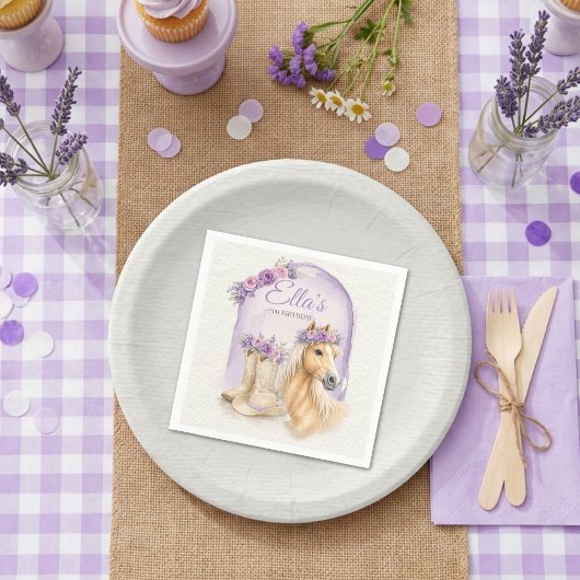女の子用パープルの花柄の馬の誕生日ナプキン スタンダードカクテルナプキン