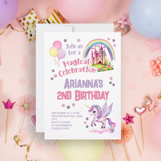 女の子用 ユニコーン城 2歳の誕生日 招待状