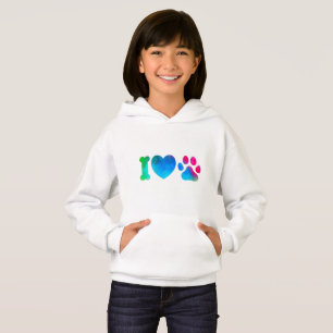 女の子用 I Love Pets ハートフード付きパーカー かわいいカラフルな足跡