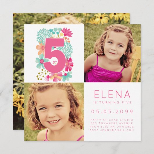 女の子番号5 FIVE第5誕生日写真カード 招待状 (正面/裏面)