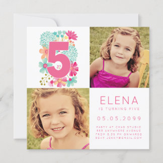 女の子番号5 FIVE第5誕生日写真カード 招待状