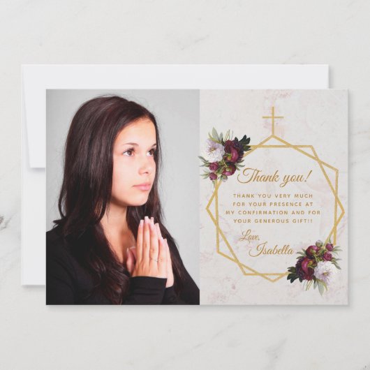 女の子確認ブルガンディ牡丹金ゴールドクロス大理石 サンキューカード (正面)