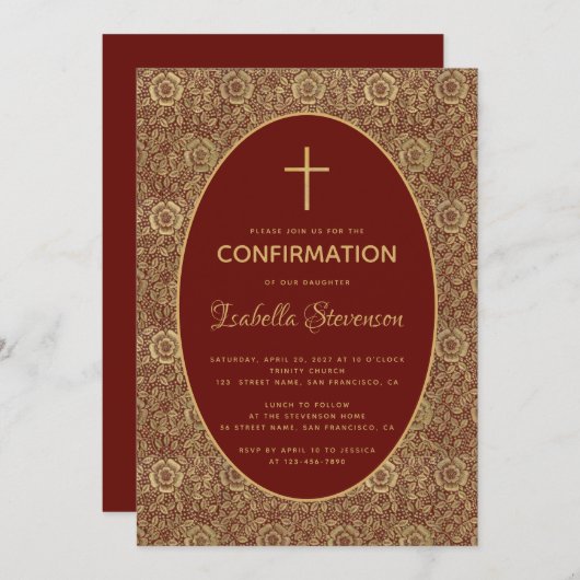 女の子確認ブルゴーニュ金ゴールドバラエレガント赤 招待状 (正面/裏面)