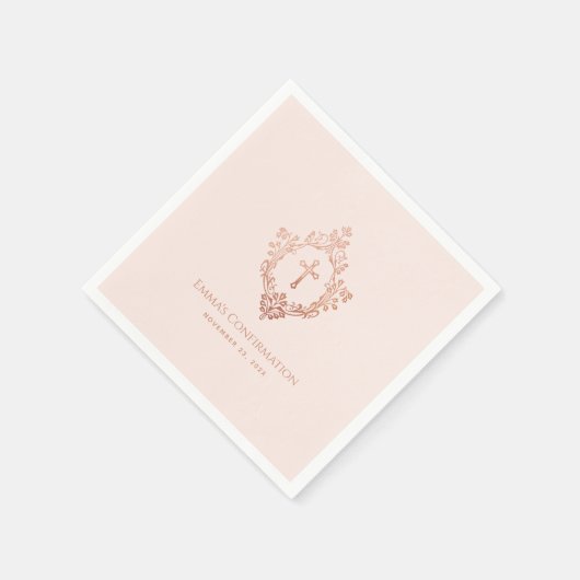 女の子確認赤面ピンクローズ金ゴールドクロスクレスト スタンダードカクテルナプキン (角)