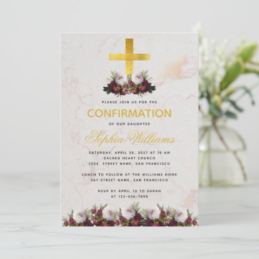 女の子確認金ゴールドクロスバーガンディーピーニーマーブル 招待状 (スタンド正面)