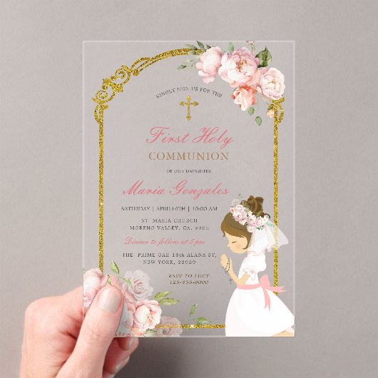 女の子祈の金ゴールド最初の聖餐式の巻き毛 アクリル招待状 (インサイチュ (ポータブル))