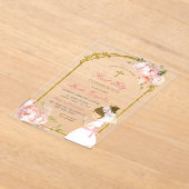 女の子祈の金ゴールド最初の聖餐式の巻き毛 アクリル招待状 (レイダウン)