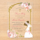 女の子祈の金ゴールド最初の聖餐式の巻き毛 アクリル招待状 (正面)