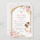 女の子祈の金ゴールド最初の聖餐式の巻き毛 招待状 (正面)