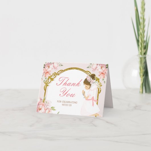 女の子祈の金ゴールド最初の聖餐式を折り畳んだ サンキューカード (正面)