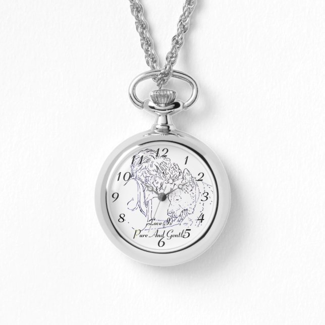 女の子秋田犬の優しい愛キスをする愛のスケッチ 腕時計 (正面)