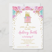 女の子第1の最初誕生会のケーキのピンクの金ゴールド 招待状 (正面)