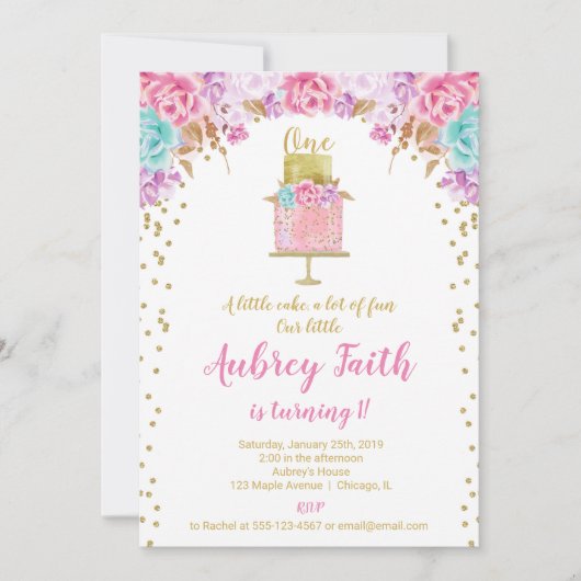 女の子第1の最初誕生会のケーキのピンクの金ゴールド 招待状 (正面)