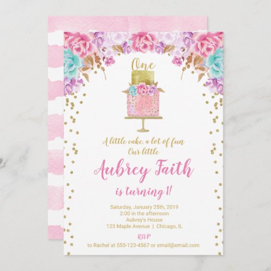 女の子第1の最初誕生会のケーキのピンクの金ゴールド 招待状 (正面/裏面)