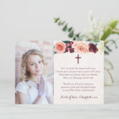 女の子第1の聖餐のヴィンテージの花柄は感謝していしています サンキューカード (スタンド正面)