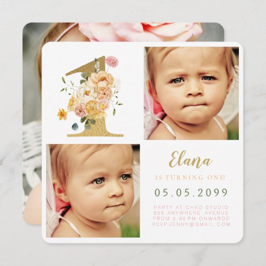 女の子第1誕生日フォトカード 招待状 (正面/裏面)
