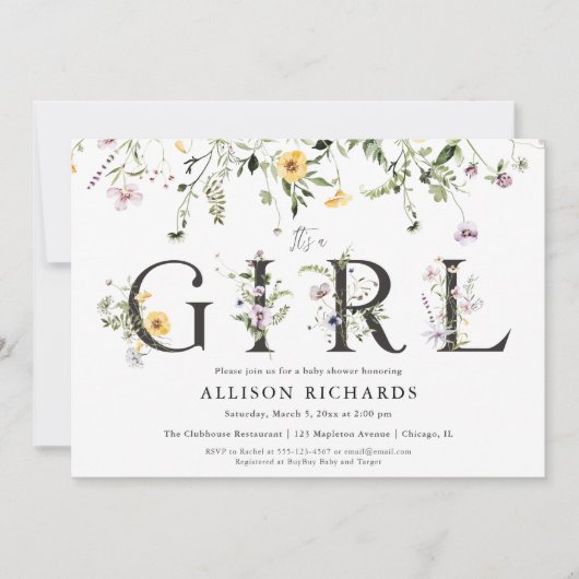 女の子紫の黄色の野草の赤ちゃんシャワーだ 招待状 (正面)