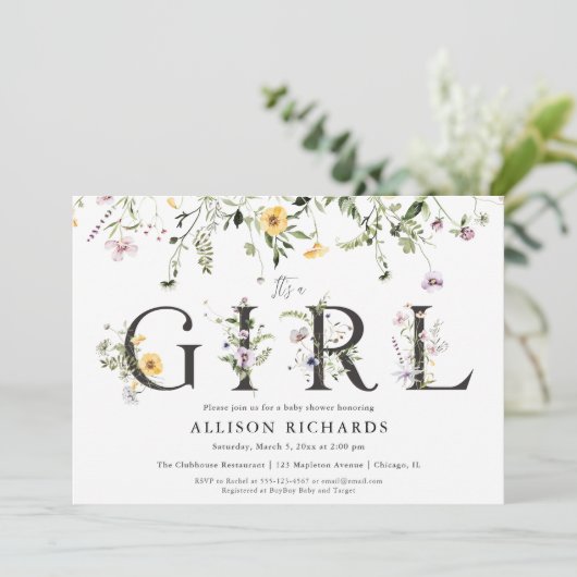 女の子紫の黄色の野草の赤ちゃんシャワーだ 招待状 (スタンド正面)