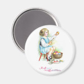 女の子絵画の卵ヴィンテージイースター マグネット (正面/裏面)