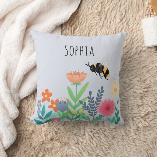 女の子自然お洒落かわいいハチと花の子供 クッション (ブランケット)