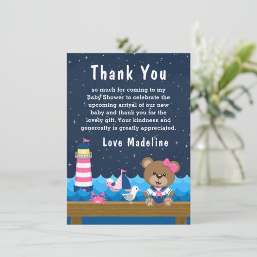 女の子航海のクマのピンクと海軍の赤ちゃんシャワー サンキューカード (スタンド正面)