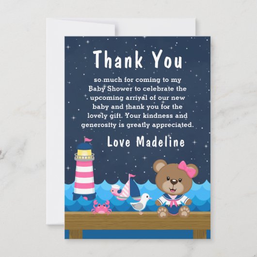 女の子航海のクマのピンクと海軍の赤ちゃんシャワー サンキューカード (正面)