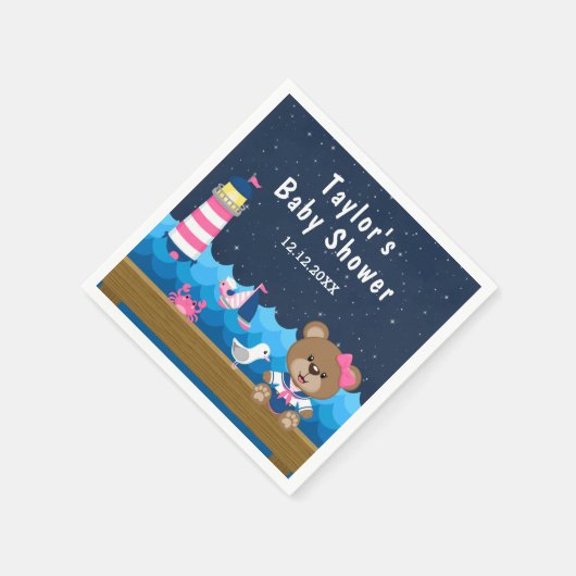 女の子航海のクマのピンクと海軍の赤ちゃんシャワー スタンダードカクテルナプキン (角)