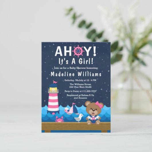 女の子航海のクマのピンクと海軍の赤ちゃんシャワー ポストカード (スタンド正面)