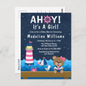 女の子航海のクマのピンクと海軍の赤ちゃんシャワー ポストカード (正面/裏面)