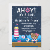 女の子航海のクマのピンクと海軍の赤ちゃんシャワー 招待状 (正面)