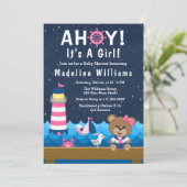 女の子航海のクマのピンクと海軍の赤ちゃんシャワー 招待状 (スタンド正面)