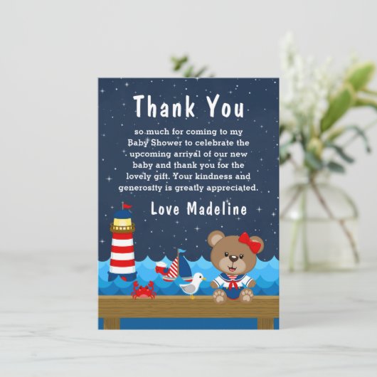 女の子航海のクマ赤と海軍の赤ちゃんシャワー サンキューカード (スタンド正面)