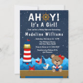 女の子航海のクマ赤と海軍の赤ちゃんシャワー 招待状 (正面)