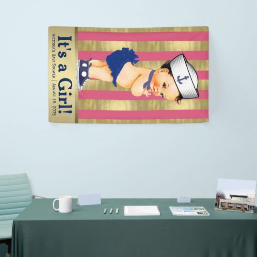 女の子航海のピンク青金ゴールド赤ちゃんシャワー 横断幕 (トレードショー)