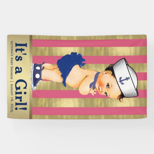 女の子航海のピンク青金ゴールド赤ちゃんシャワー 横断幕 (横)