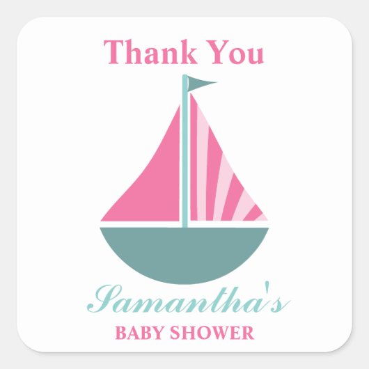 女の子航海の帆船ベイビーシャワーありがとう スクエアシール (正面)