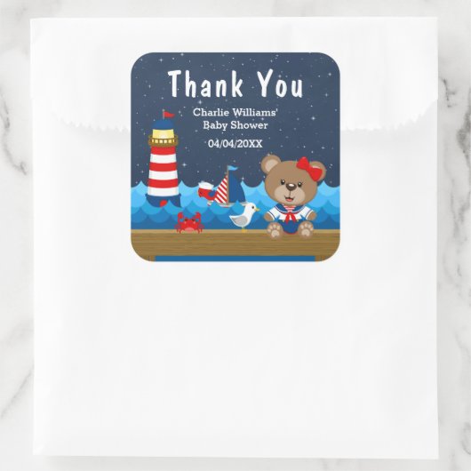 女の子航海の熊赤ちゃんシャワーありがとう スクエアシール (バッグ)