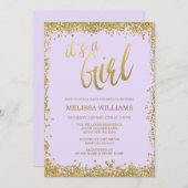 女の子薄紫パープルフェイク金ゴールドグリッターベビーシャワー 招待状 (正面/裏面)